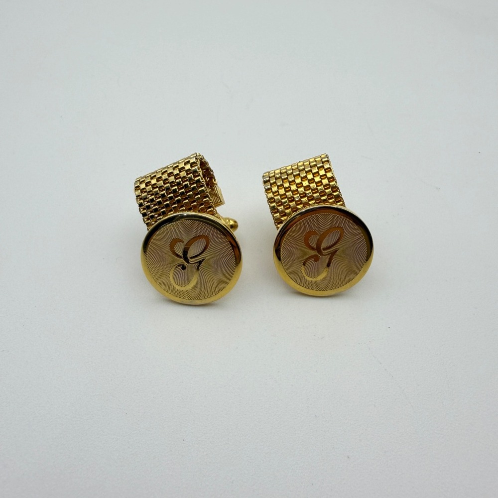 Dante Wrap Around Mesh Cufflinks Men OS Gold Monogram G‎ Initial Vintage Round